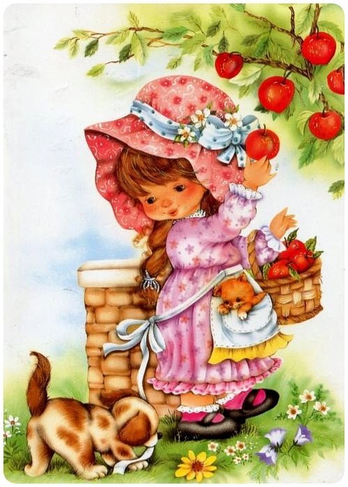 Девочка с яблоками - девочка, дети, котенок, щенок, детское - оригинал