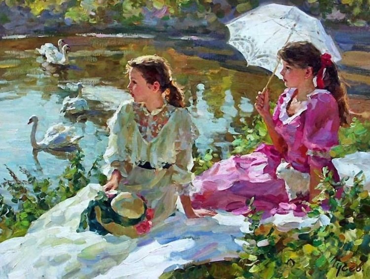 У озера. Владимир Гусев - живопись, девочка, лебеди, лето, озеро - оригинал
