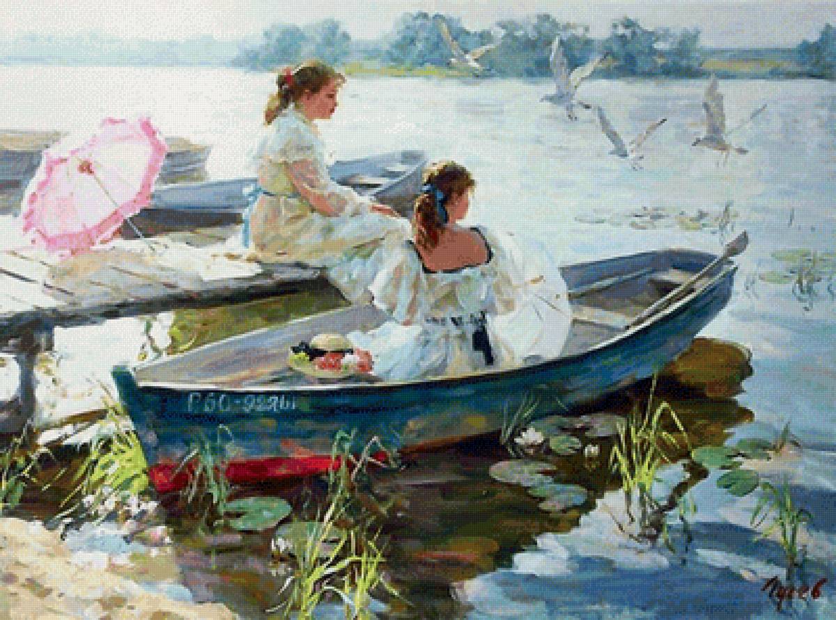 В лодке. Владимир Гусев - чайки, река, живопись, девушка, лето, лодка - предпросмотр