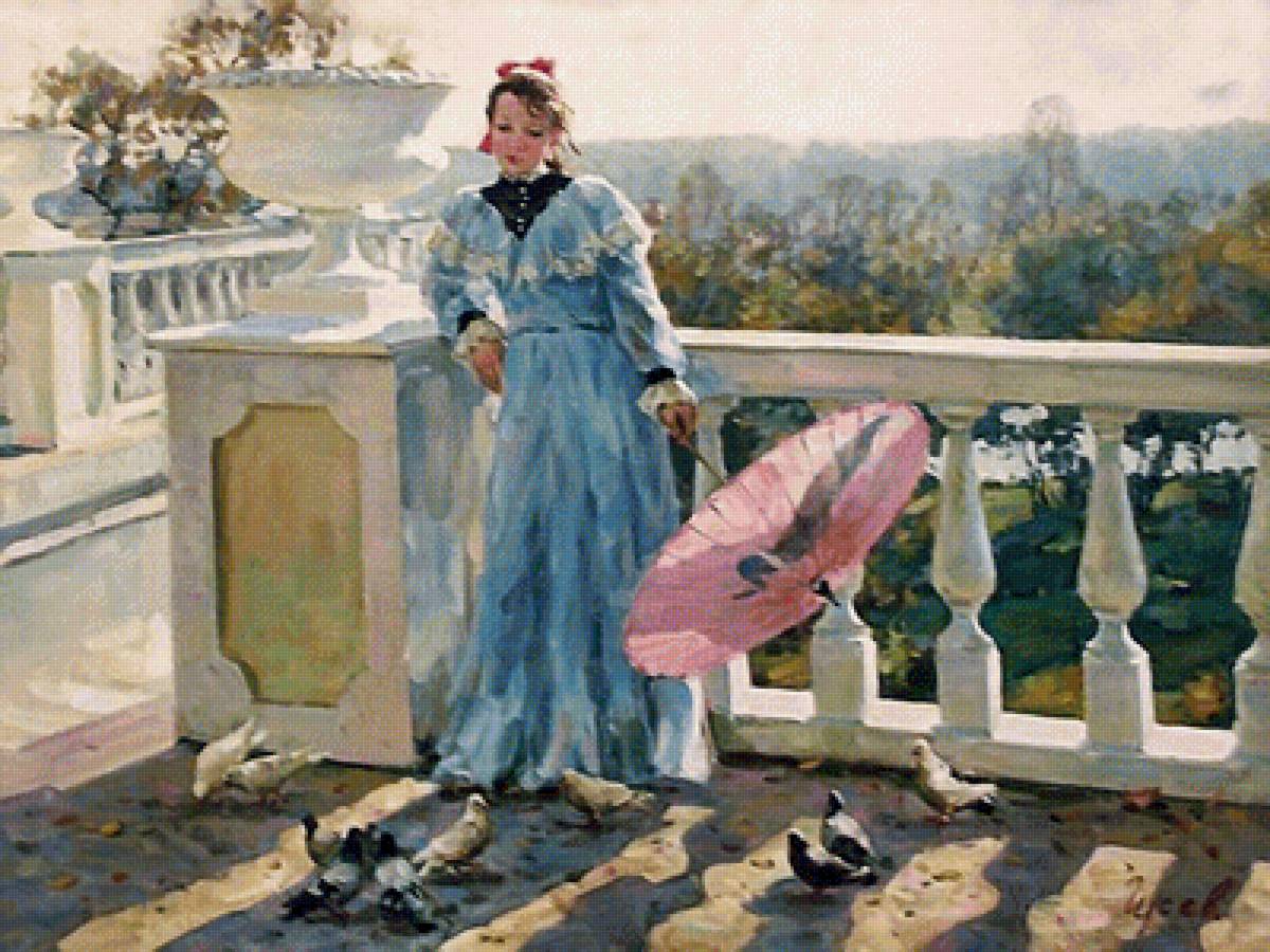 Девушка и голуби. Владимир Гусев - девушка, живопись, портрет, голуби - предпросмотр