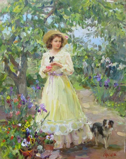На прогулке в саду. Владимир Гусев - сад, девушка, живопись, цветы, собака - оригинал