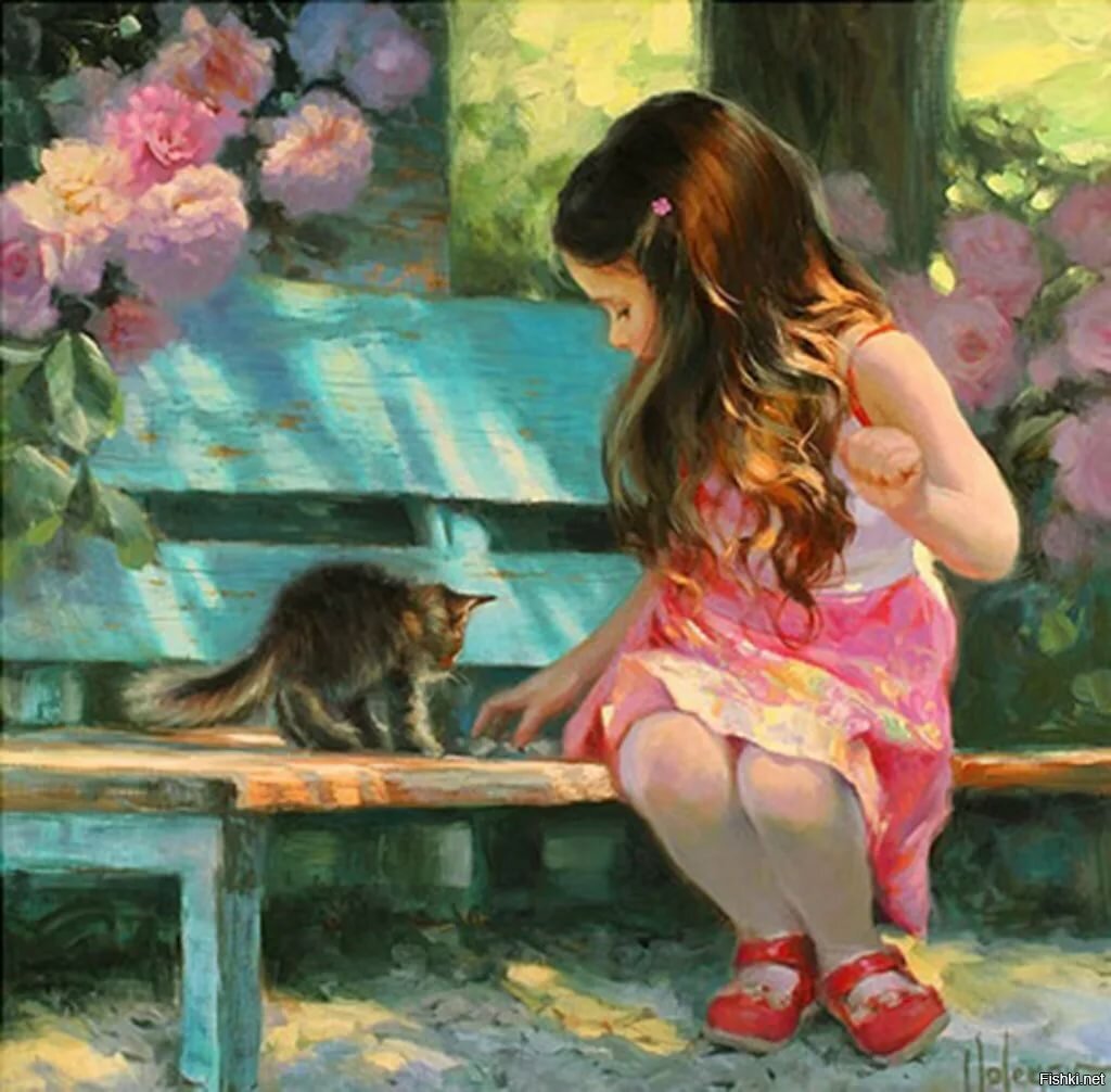 Девочка с котёнком. Владимир Волегов - котенок, живопись, портрет, девочка - оригинал