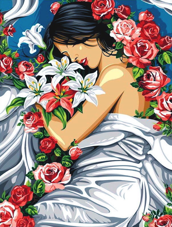 женщина и цветы - красные цветы, женщина, девушка, белые цветы, розы, лилии - оригинал