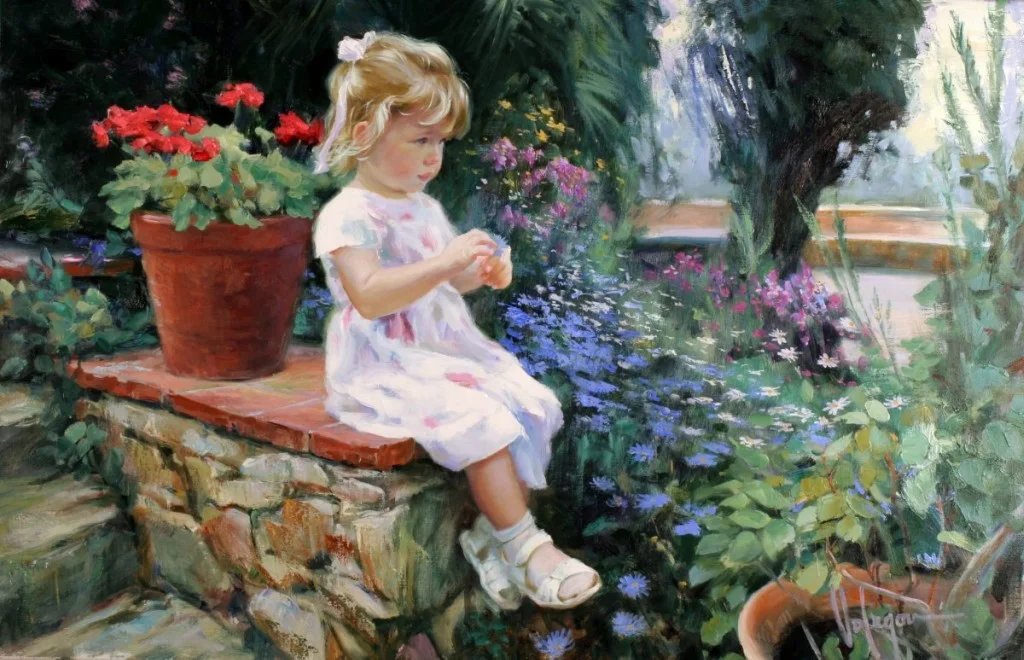 Девочка в саду. Владимир Волегов - сад, цветы, живопись, девочка - оригинал