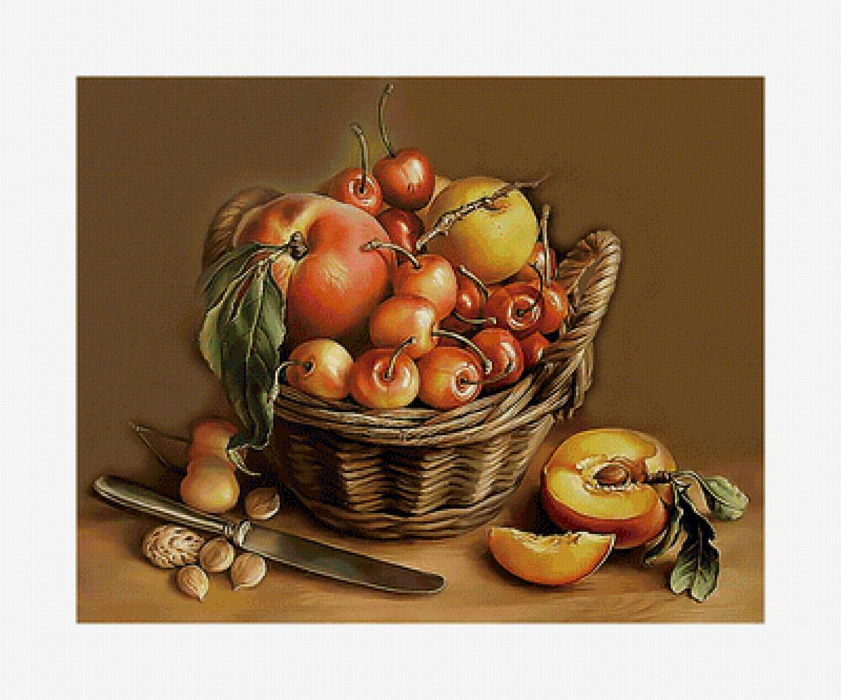 Фруктовый натюрморт. - персик, ягоды, черешня, фрукты, орехи, живопись, вишня - предпросмотр