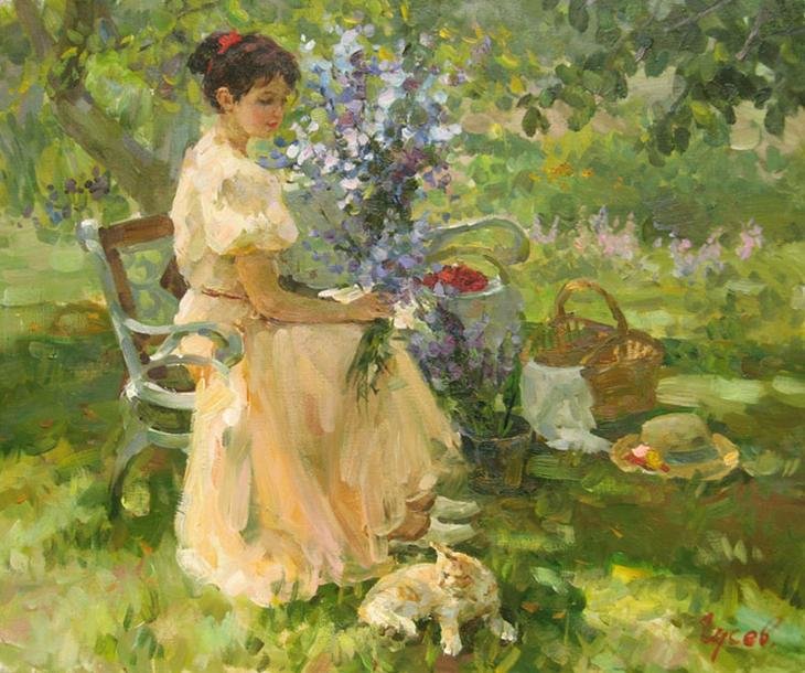 Отдых в саду. Владимир Гусев - девушка, живопись, лето, кошка, сад - оригинал