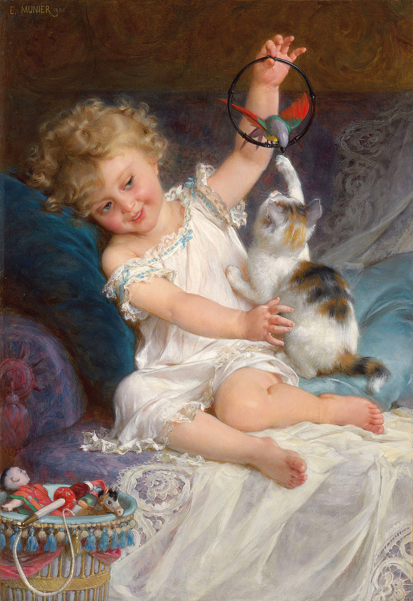 Жевочка с котёнком и попугаем. Эмиль Мюнье - девочка, 19 век, котенок, портрет, попугай - оригинал