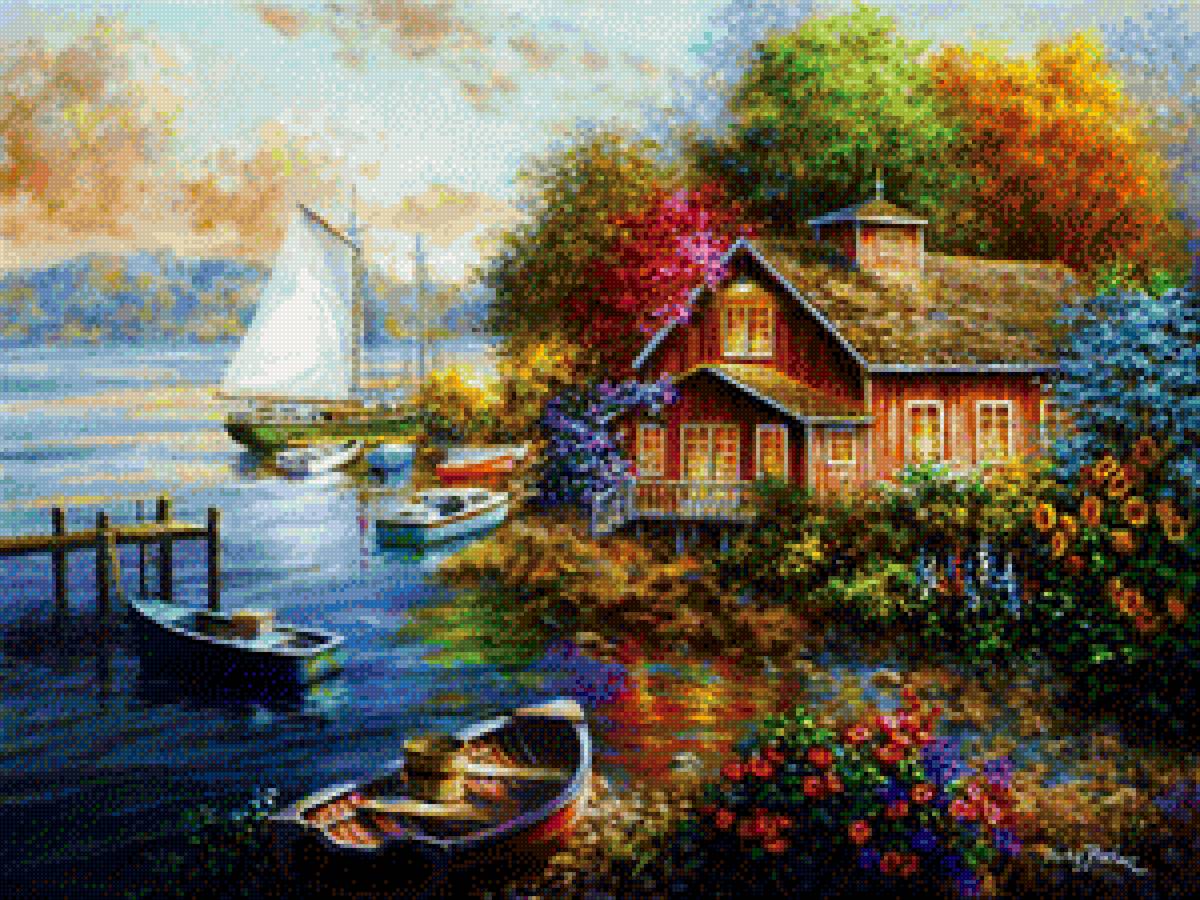 Дом на берегу - берег, природа, дом. цветы, лодка - предпросмотр