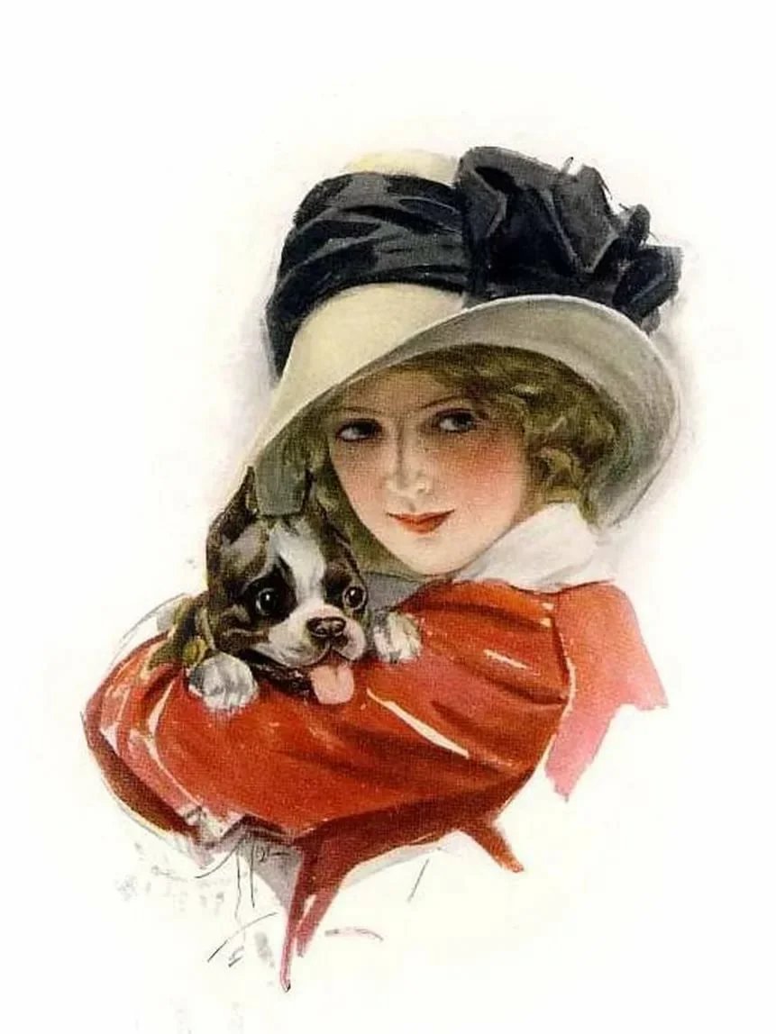 Дама с собачкой. Харрисон Фишер - 19 век, девушка, дама, портрет, женщина, собачка - оригинал