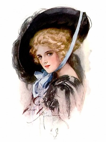 Дама в шляпе. Харрисон Фишер - девушка, живопись, дама, 19 век, женщина, портрет - оригинал