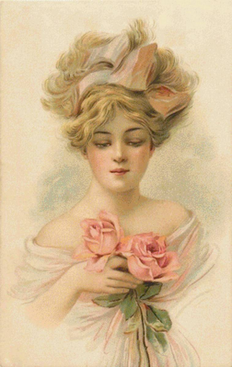 Девушка с розами (открытка) - девушка, портрет - предпросмотр