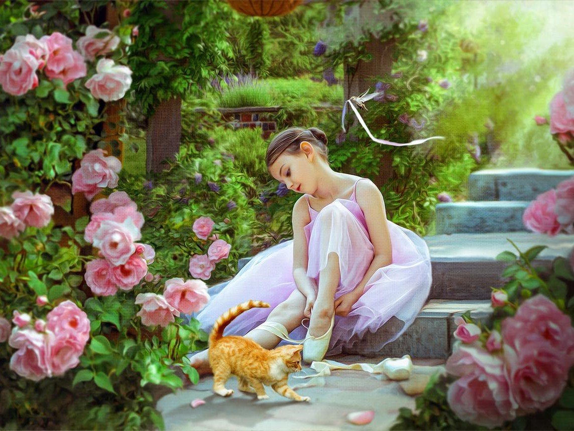 Маленькая балерина - балерина, розы, котята, сад, цветы, дети - оригинал
