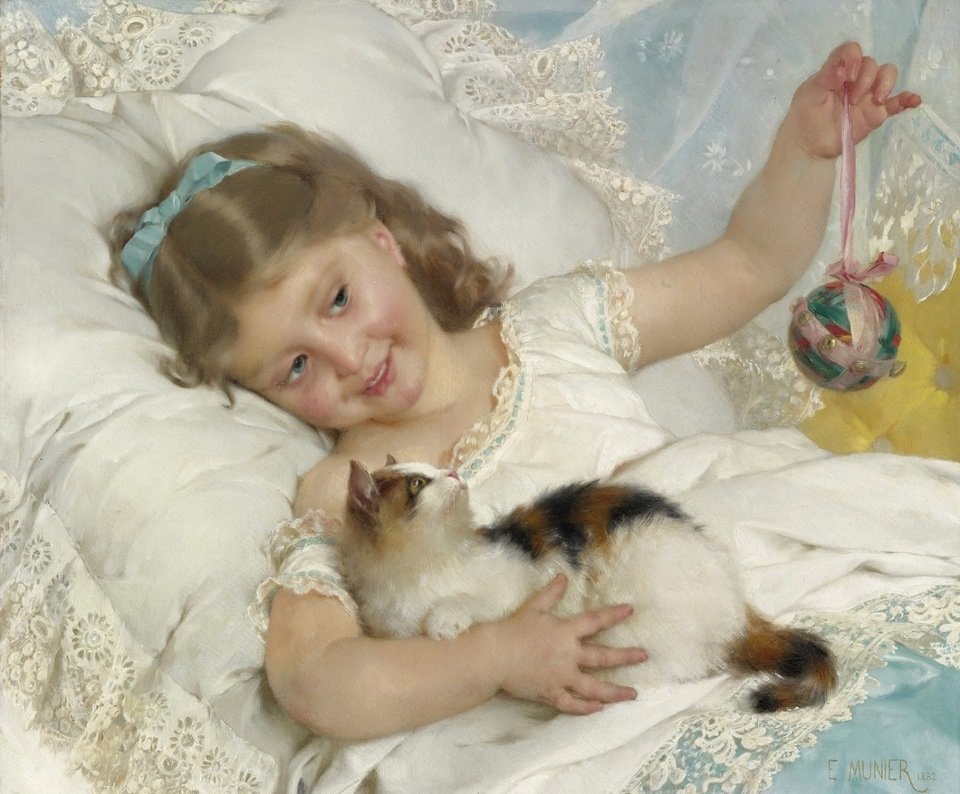 Девочка с котёнком. Эмиль Мюнье - 19 век, котенок, девочка, живопись, портрет - оригинал