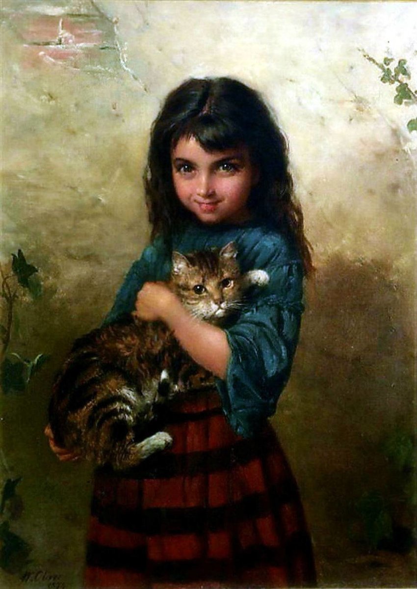Девочка с кошкой. Уильям Оливер - девочка, кошка, 19 век, живопись, портрет - оригинал