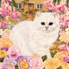Оригинал схемы вышивки «котик в саду цветов» (№2113873)