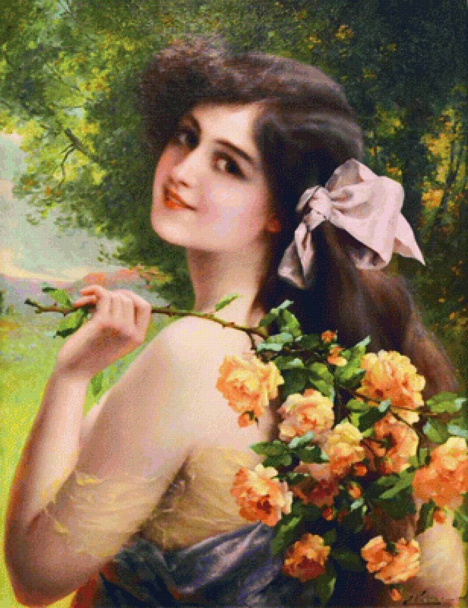 Девушка с розами. Эмиль Вернон - портрет, 19 век, живопись, девушка, роза, цветы - предпросмотр