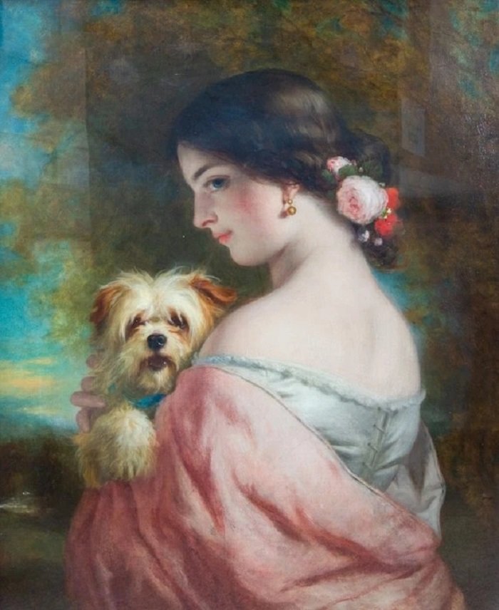 Девушка с собачкой. Чарльз Бакстер - портрет, девушка, живопись, собака, 19 век - оригинал