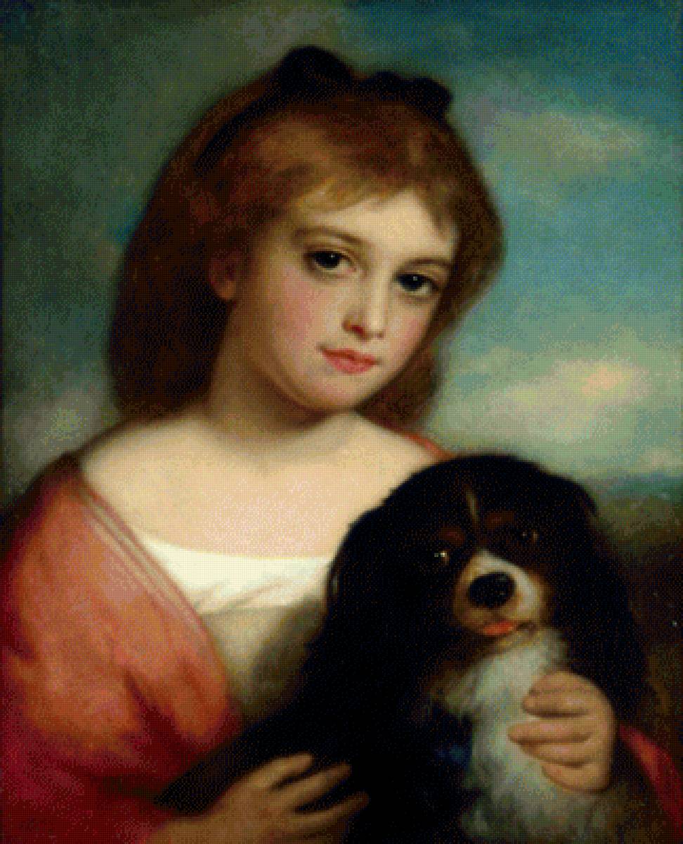 Девушка с собакой. Чарльз Бакстер - собака, 19 век, портрет, девушка, живопись - предпросмотр