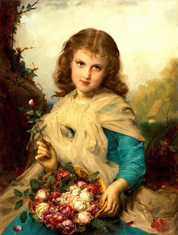 Девочка с розами. Адольф Пиот - розы, 19 век, девочка, живопись, портрет - оригинал
