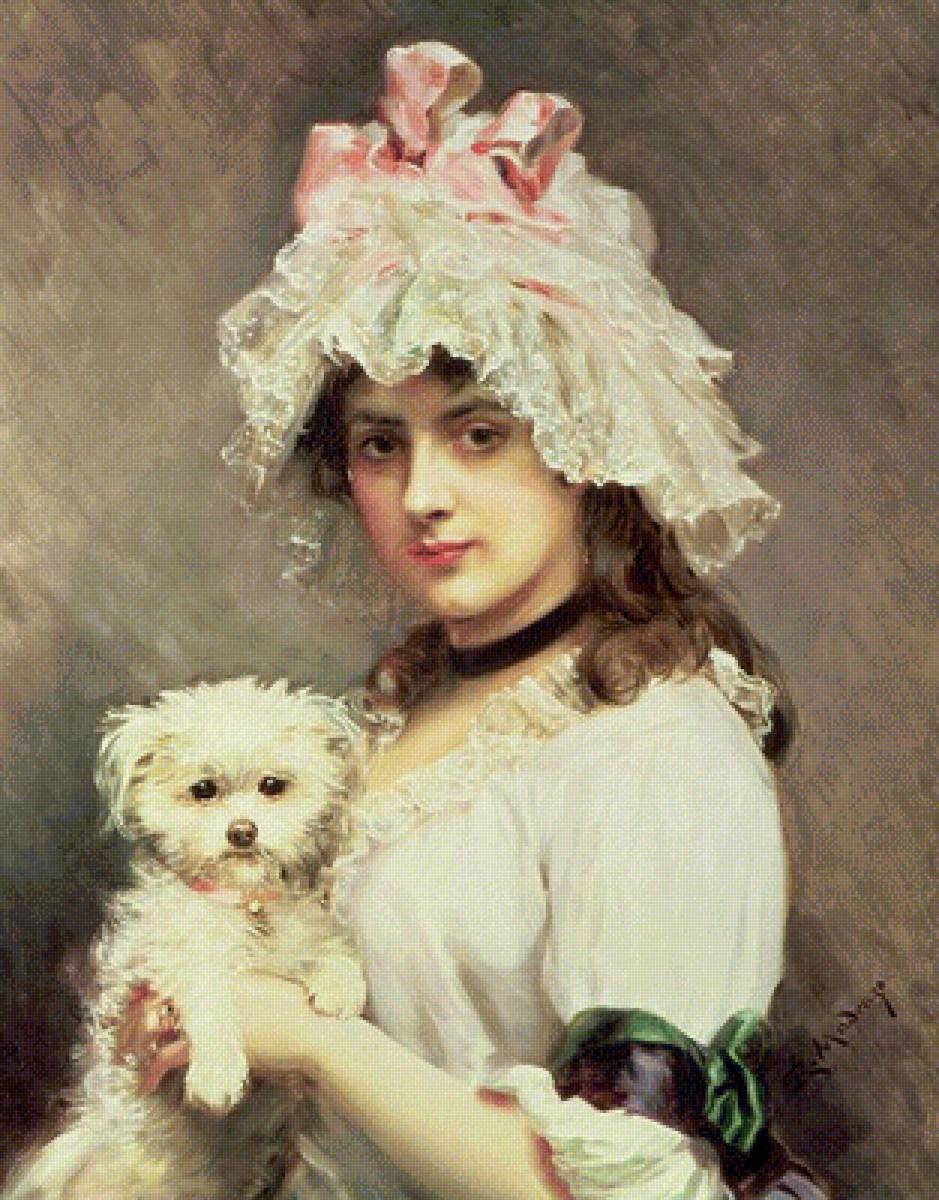 Раймундо де Мадрасо. Девушка с собачкой - 19 век, собака, живопись, портрет, девушка - предпросмотр