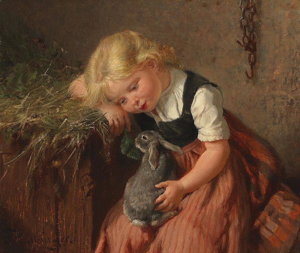 Девочка с кроликом. Феликс Шлезингер - 19 век, живопись, девочка, кролик, портрет - оригинал