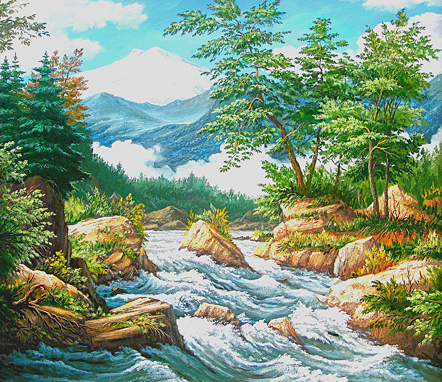 Горный пейзаж - горы, деревья, река - оригинал