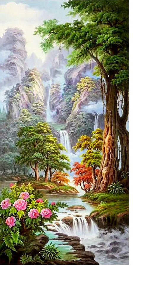 Горный пейзаж - водопад, природа, река, горы, деревья - оригинал