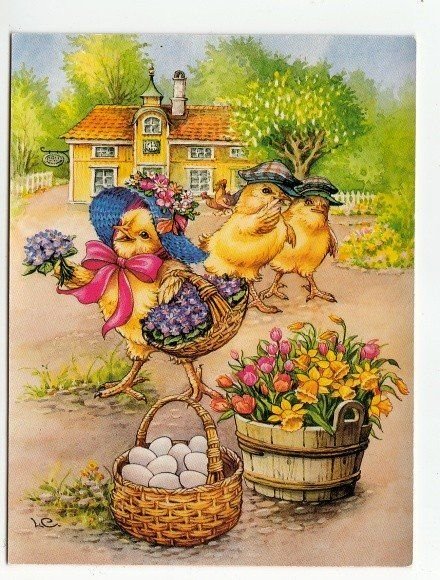 рисунок - цыплята, курица, цветы двор - оригинал