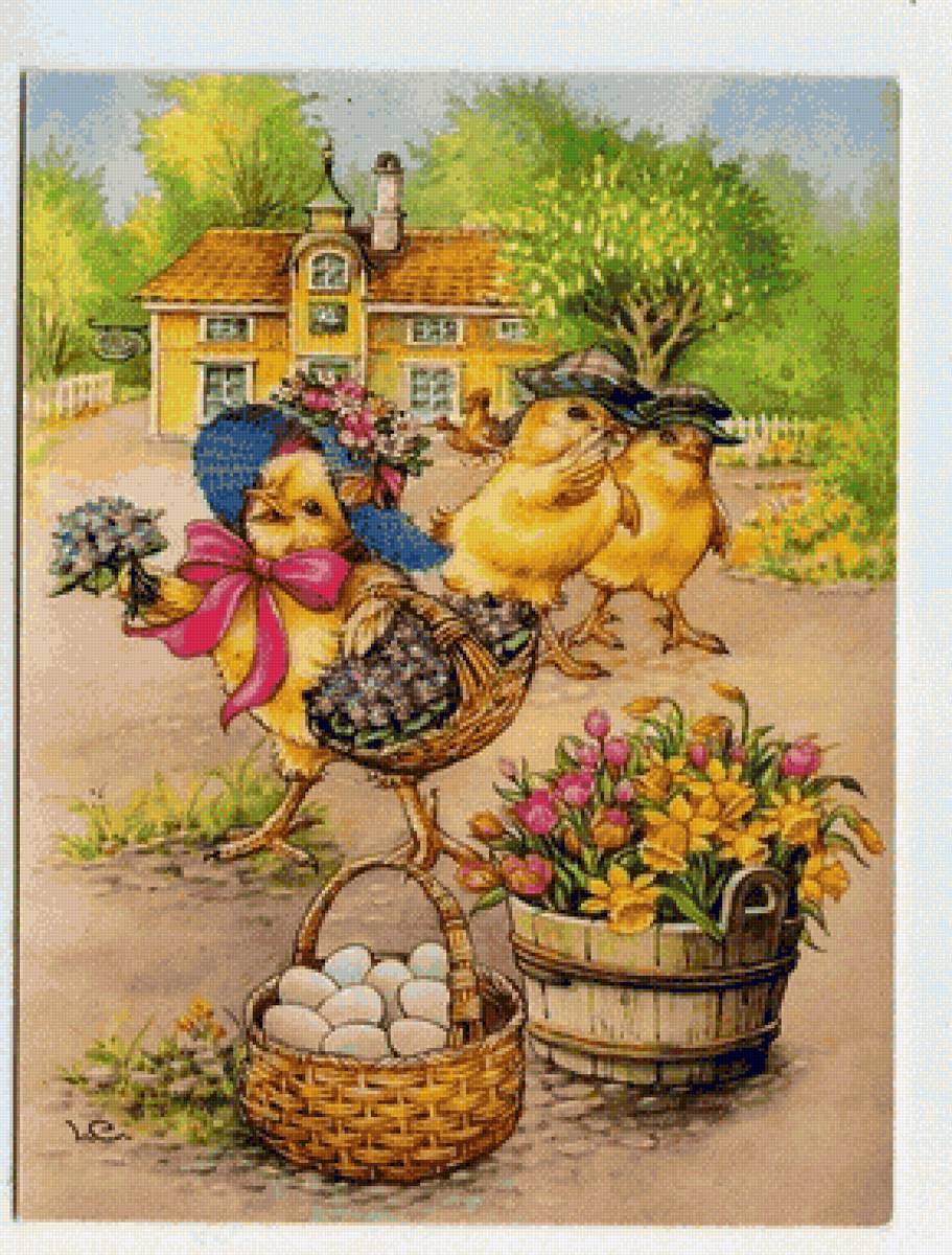 рисунок - цветы двор, цыплята, курица - предпросмотр