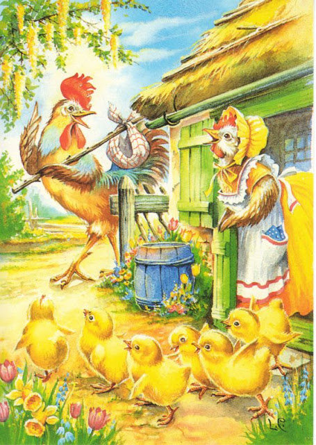 рисунок - петух, двор, цыплята, домашняя птица, курица - оригинал