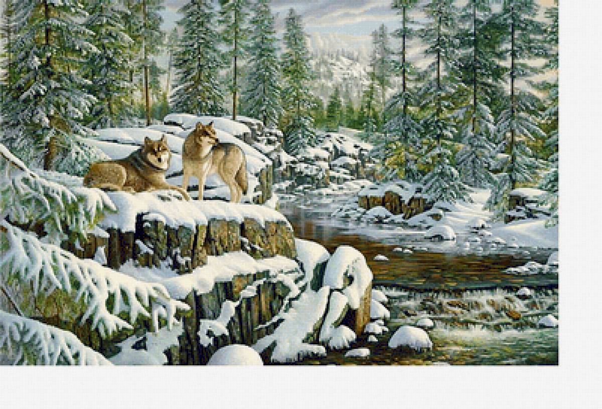 Волки - река, зимний пейзаж, зима, животные - предпросмотр