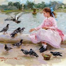 Схема вышивки «Girl feeding birds»