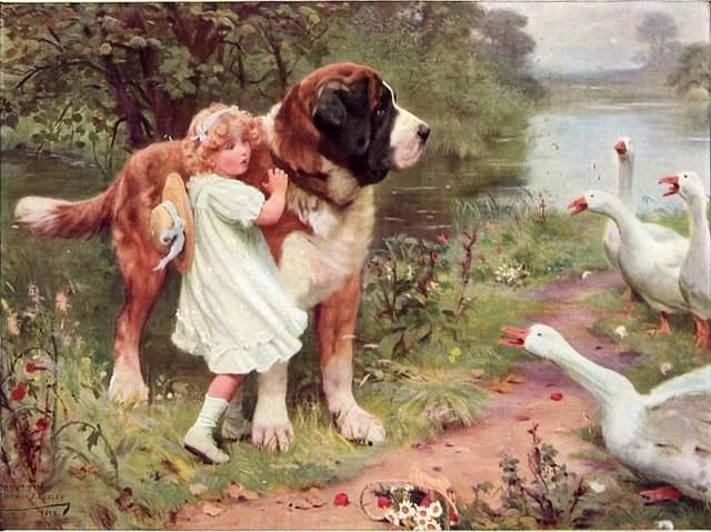 St Bernard with geese - girl, dog, geese - оригинал