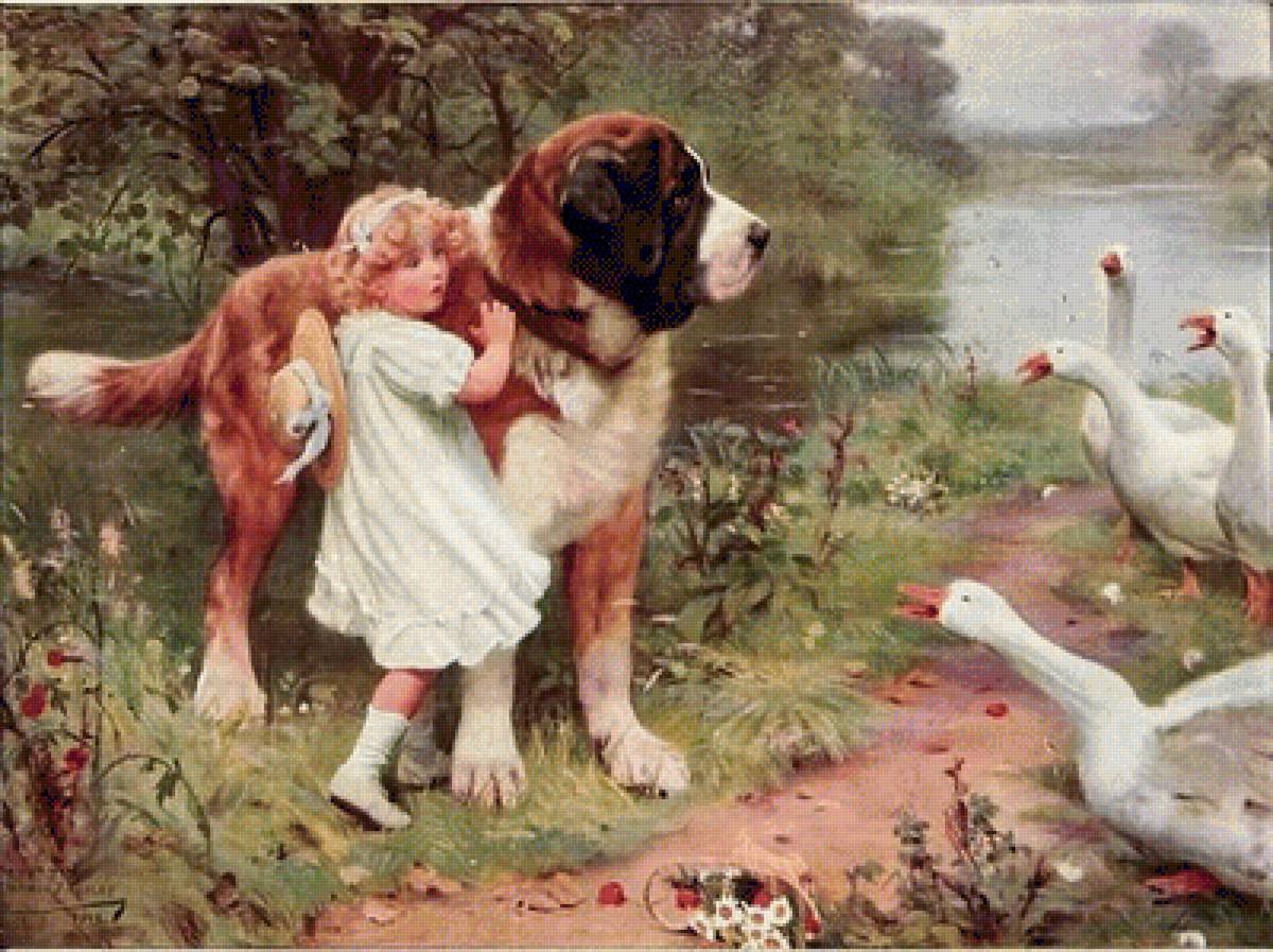 St Bernard with geese - girl, dog, geese - предпросмотр