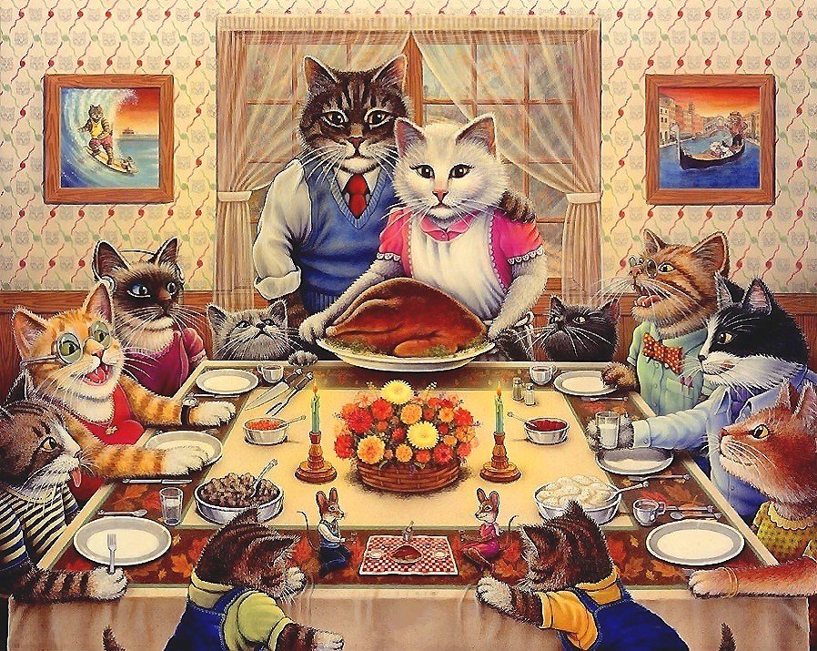 семья - стол, семья, кошки, обед - оригинал
