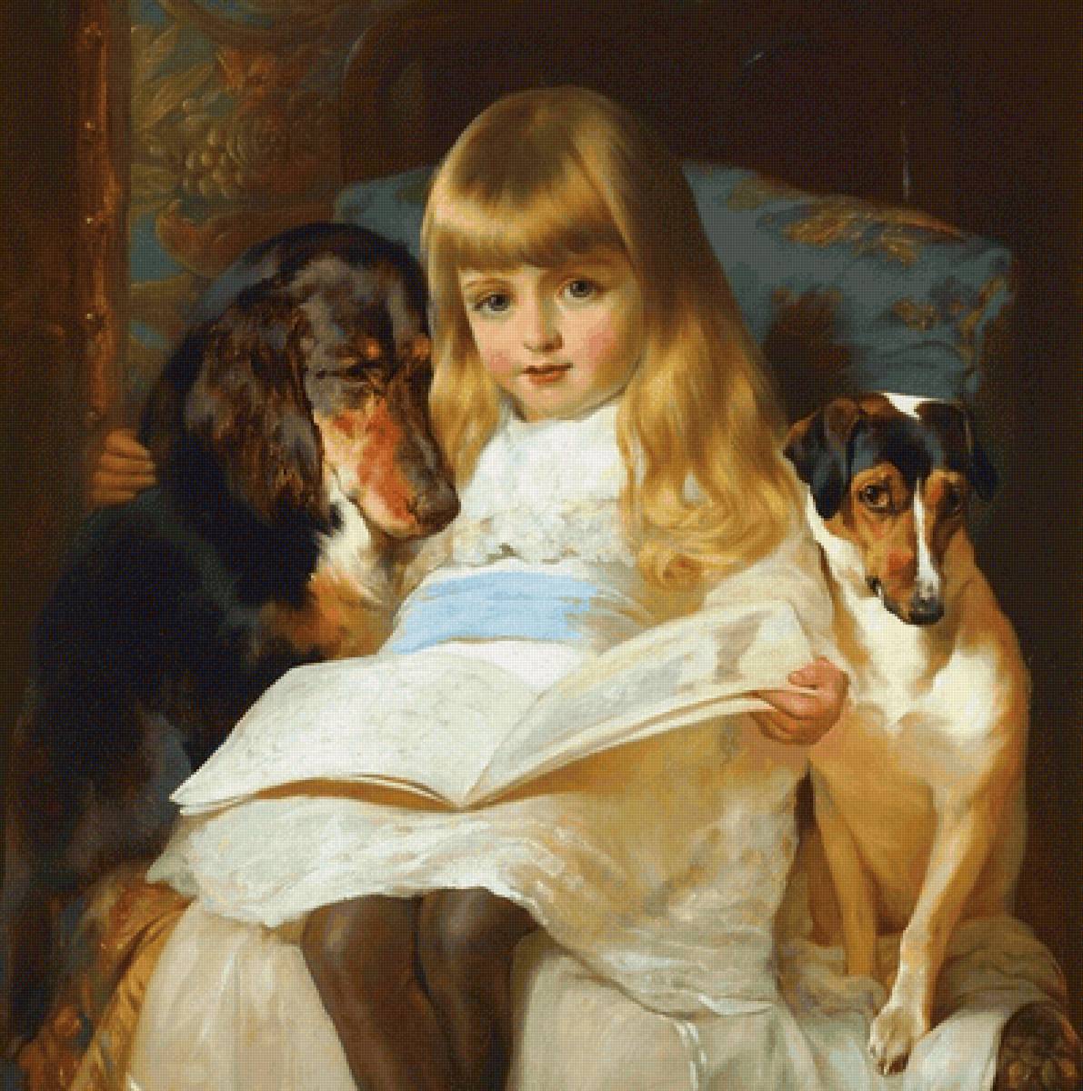 Девочка с собаками. Эдвин Дуглас - живопись, 19 век, портрет, собака, девочка - предпросмотр
