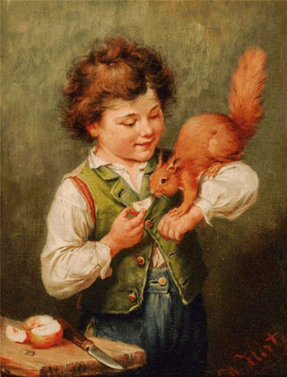 Мальчик с белкой. Heinrich Hirt - дети, мальчик, 19 век, белка, живопись, портрет - предпросмотр