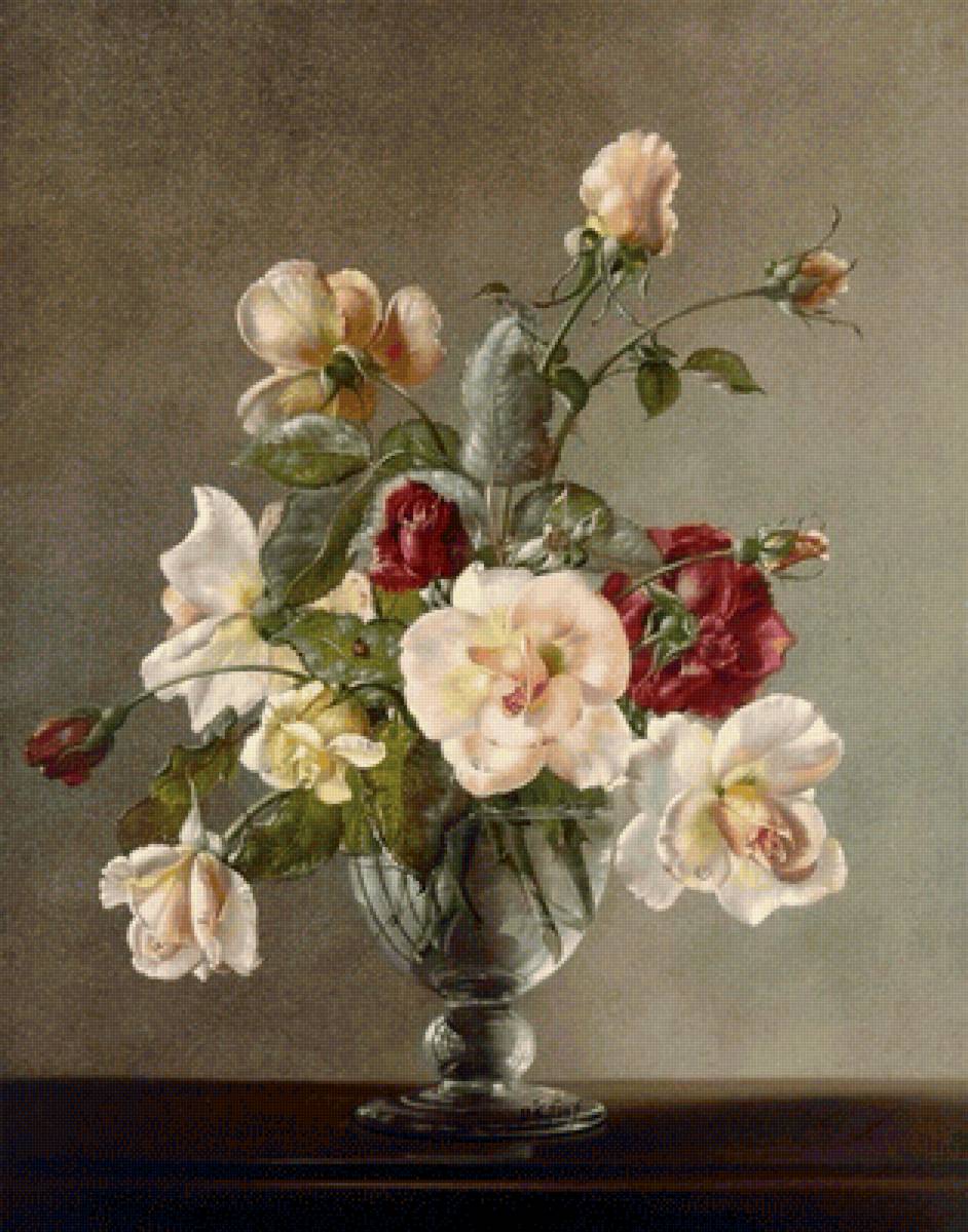 Цветы в вазе. Сесил Кеннеди - роза, живопись, цветы, ваза, натюрморт - предпросмотр