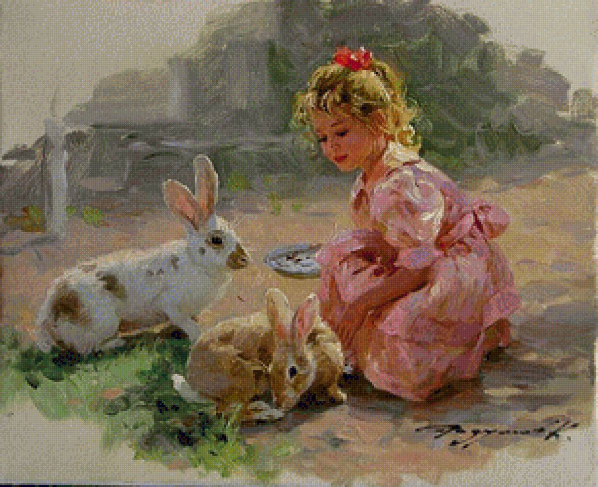 Girl feeding rabbits - rabbits, animal, girl - предпросмотр