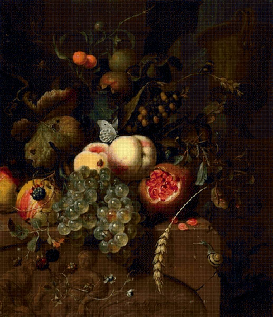 Натюрморт с улиткой, Жан Мортель - бабочка, живопись, фрукты, улитка, 18 век, натюрморт - предпросмотр