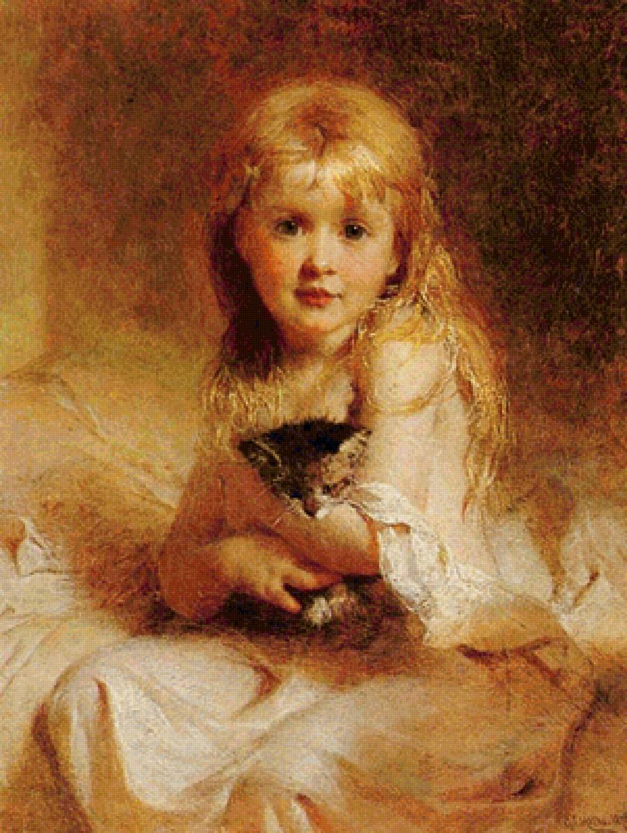 Девочка с котёнком. George Elgar Hicks - портрет, девочка, котенок, живопись - предпросмотр
