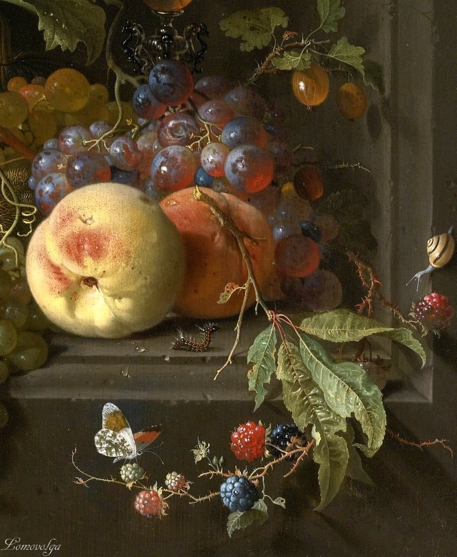 Натюрморт с гусеницей. Виллем Ван Альст - улитка, живопись, бабочка, натюрморт, гусеница, фрукты - оригинал