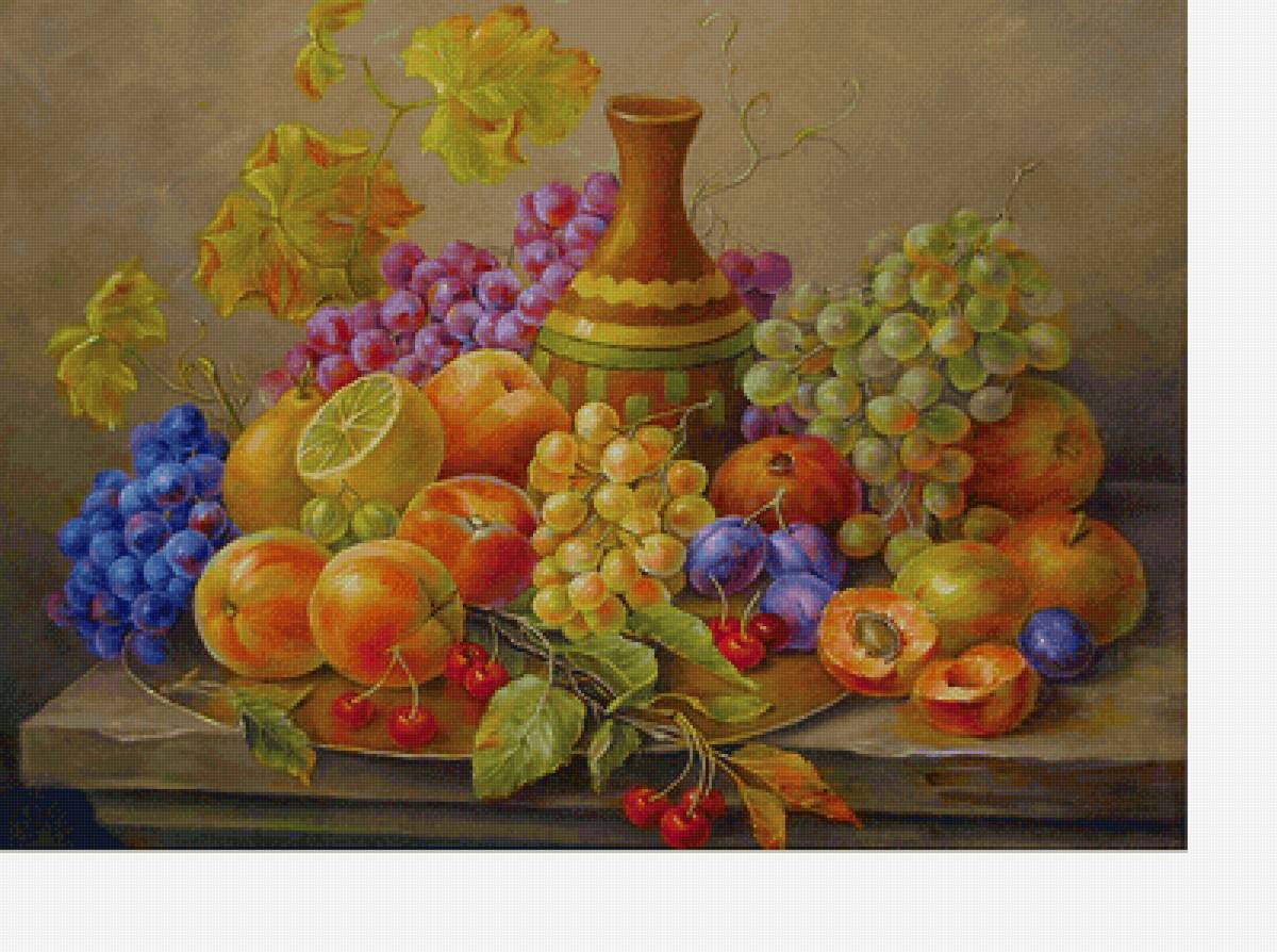 Натюрморт - фрукты, виноград, сливы, кувшин, яблоки. персики - предпросмотр