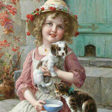 Схема вышивки «Девочка с котёнком и щенком. Эмиль Вернон»