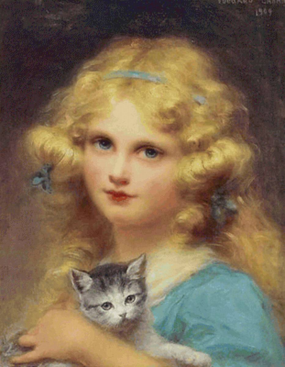 Девочка с котёнком. Эдуард Луи Люсьен Кабане - живопись, 19 век, девочка, котенок, портрет - предпросмотр