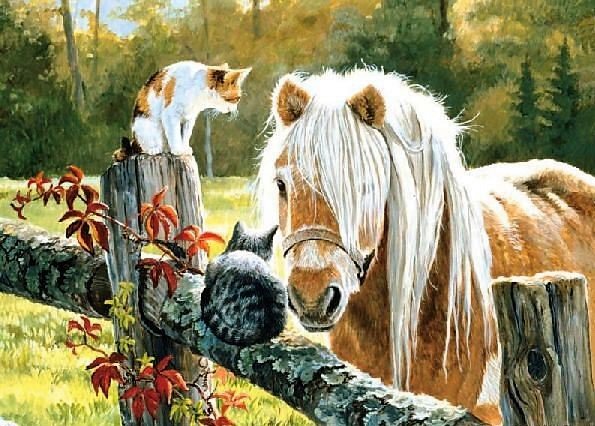 кошки и лошадь - картина, лошадь, животные, кошки, природа, околица - оригинал