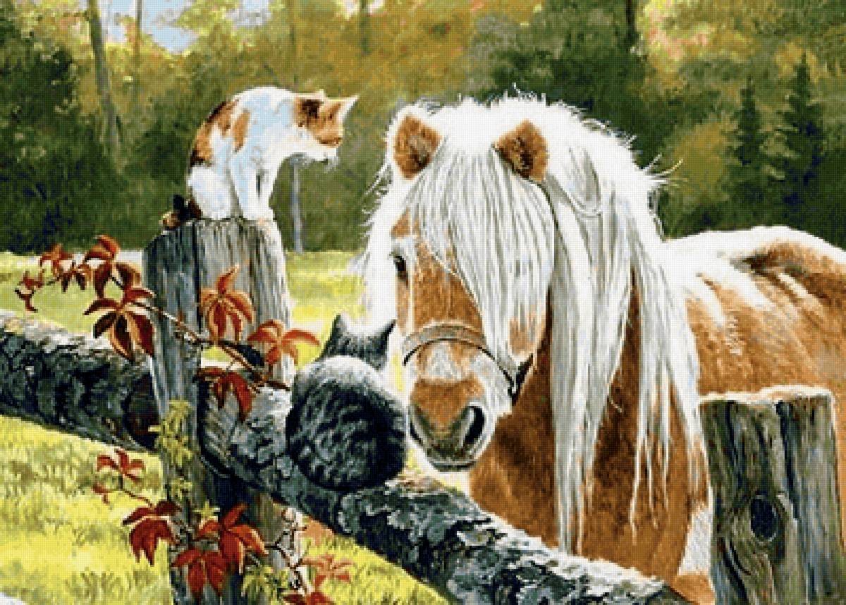 кошки и лошадь - животные, природа, околица, лошадь, картина, кошки - предпросмотр