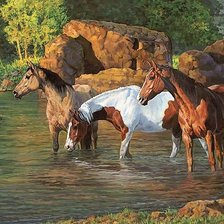 Оригинал схемы вышивки «лошади, животные, водопой, живопись, картина» (№2134116)