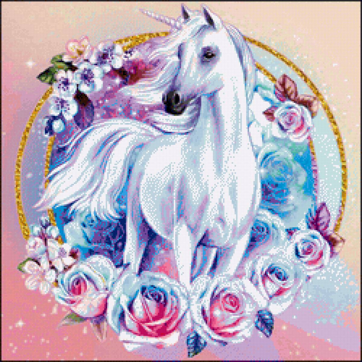 Единорог - лошадь, фэнтези, конь, розы, единорог - предпросмотр
