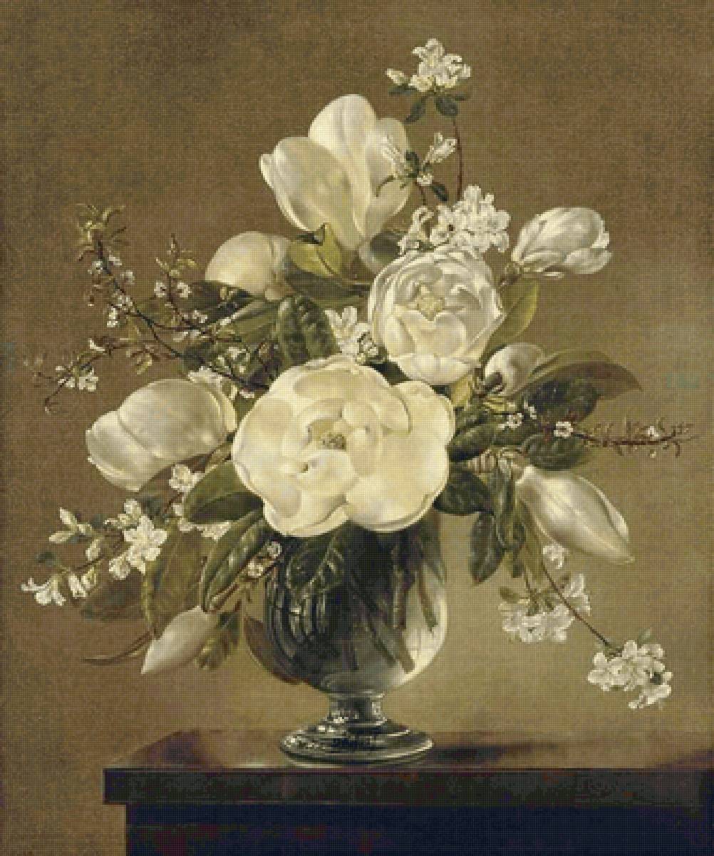 Белые цветы. Анжела Кеннеди - цветы, живопись, роза, ваза, натюрморт - предпросмотр